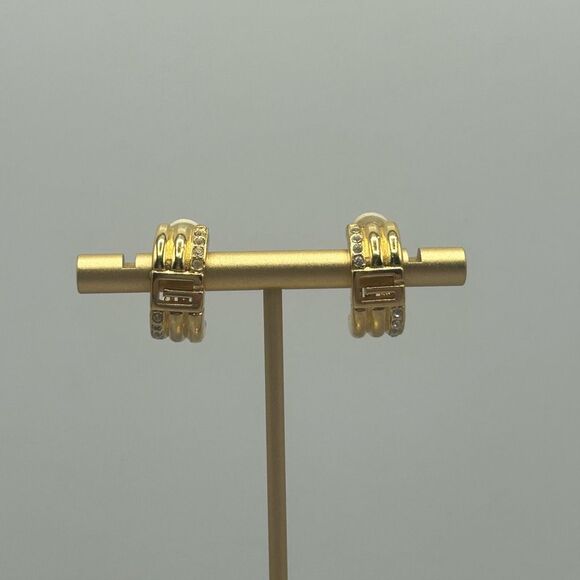 Givenchy Gold Tone Half Hoops Clip On Earrings Rhinestones Elegant G Logo - Picture 1 of 9